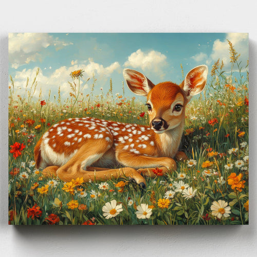 Innocent Fields. Paint Innocent Fields, featuring a baby deer surrounded by wildflowers and daisies in a serene meadow. A detailed paint by numbers kit for nature lovers.