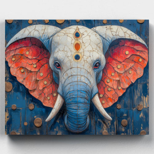 Chakra Elephant. Paint the mystical Chakra Elephant, a surreal design featuring intricate details, gold accents, and spiritual energy in this paint by numbers kit.