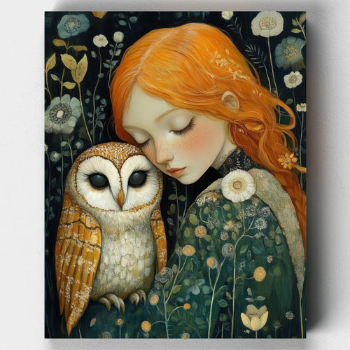 The Watchful Perch. Paint The Watchful Perch, a detailed fantasy paint by numbers kit featuring an owl perched on a girl’s head, set against a dark floral background.