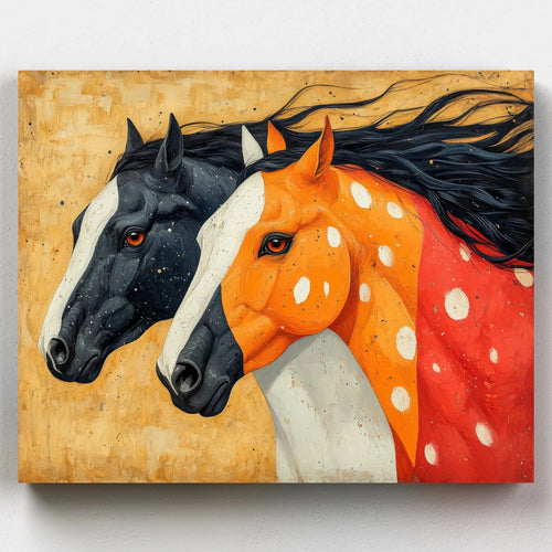 Colorful abstract painting of two horses—one black with a white stripe and the other orange with white spots—side by side with flowing black manes on a beige background.