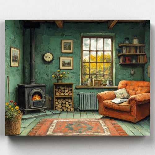 Cozy rustic living room painting with a wood-burning stove, stacked firewood, a warm orange armchair, and a large window showing autumn trees outside.
