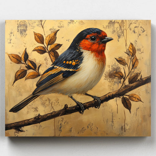 Realistic painting of a small bird with a red-orange face, blue wings, and cream-colored belly, perched on a branch with autumn leaves against a textured golden background.