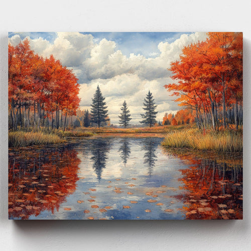 Amber Reflections. Paint Amber Reflections, a serene autumn landscape paint by numbers kit featuring golden trees, a peaceful lake, and a sky filled with soft clouds.