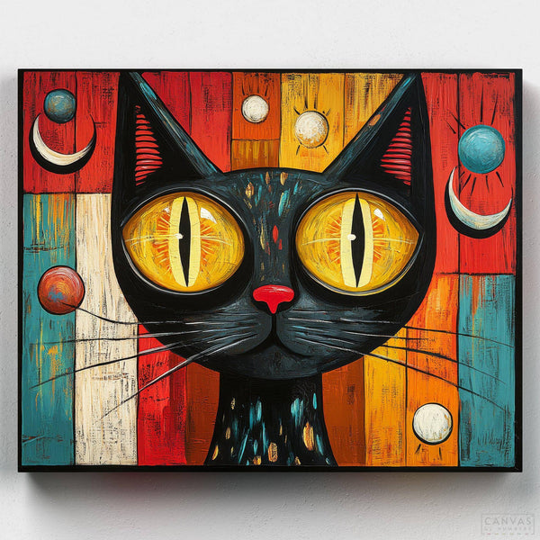 Feline Extravaganza – Paint by Numbers. Paint Feline Extravaganza, a bold and playful cat paint by numbers kit featuring a cosmic background, large yellow eyes, and a retro pop-art style.