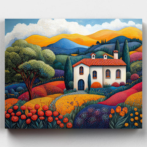 The Painted Hills. Paint The Painted Hills, a stunning Tuscan paint by numbers kit featuring rolling landscapes, wildflowers, and a charming villa in Art Nouveau style.