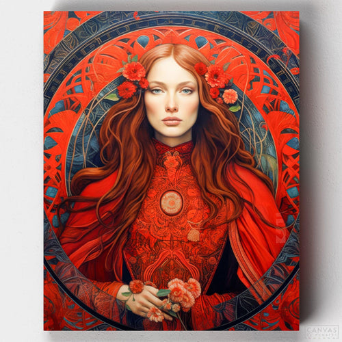 Scarlet Muse. Paint Scarlet Muse, a stunning Art Nouveau style paint by numbers kit featuring a red-haired woman in a floral crimson dress within an ornate circular frame.