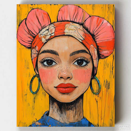 Fearless Glow. Paint Fearless Glow, a bold Black Woman Painting by numbers kit featuring a confident woman with pink hair, hoop earrings, and a radiant yellow background.