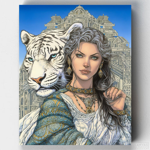 Tigerborn Empress. Paint Tigerborn Empress, a striking Female Art paint by numbers kit featuring a powerful woman with a white tiger, set against an ancient backdrop.