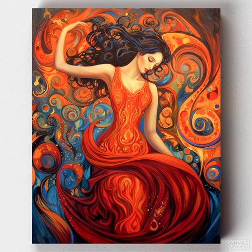 The Fire Dancer. Paint The Fire Dancer, a passionate Flamenco Dancer Paint by Numbers kit featuring a woman in motion, draped in a flowing red dress and fiery colors.