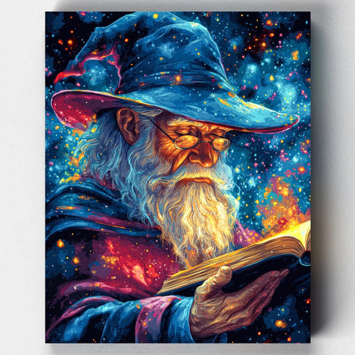 Elderly wizard with a long white beard and glasses reading a glowing book, surrounded by stars and cosmic light in a colorful fantasy-themed paint by numbers artwork.