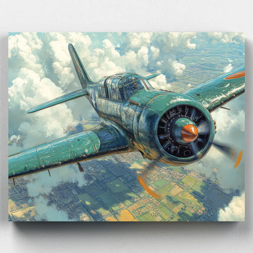 Vintage single-propeller airplane flying over patchwork fields, midair with clouds, aged green exterior, viewed from a side angle in realistic style.