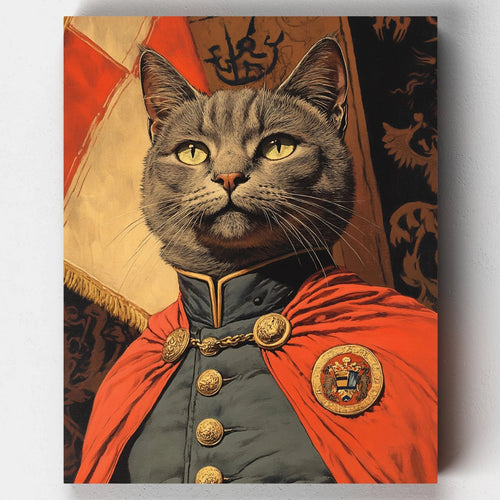 Realistic gray cat dressed in regal attire with gold buttons and red cape, posed in front of a family crest tapestry in a traditional portrait style.