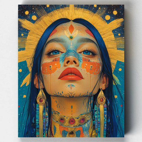 Folk-inspired portrait of a woman with blue hair, golden halo, face paint, and jewel accessories, surrounded by deep blues and celestial patterns.