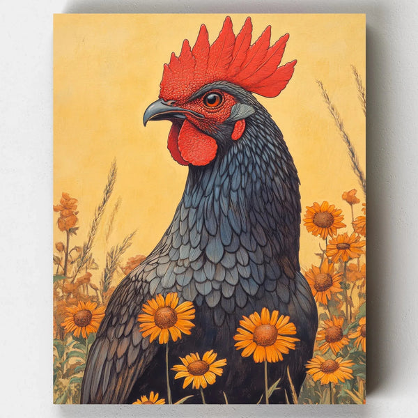 Rustic rooster with vibrant red comb and layered feathers standing among orange daisies on a yellow background in a vintage country-style painting.