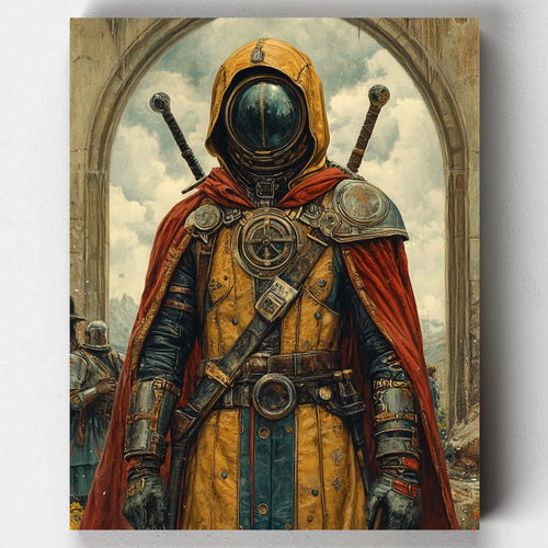 Armored steampunk knight with yellow helmet, red cape, mechanical chestplate, and mirrored visor, standing before an arched stone background.