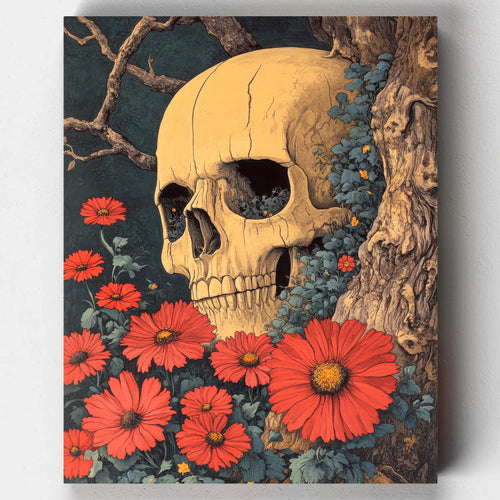 Realistic human skull resting among red daisies and dark green leaves with a backdrop of twisted wood and muted teal, in a detailed floral skull painting.