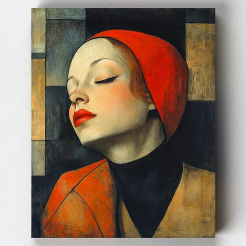 Stylized female portrait with closed eyes, red hat and lipstick, against a geometric textured background in warm tones and vintage-modern style.