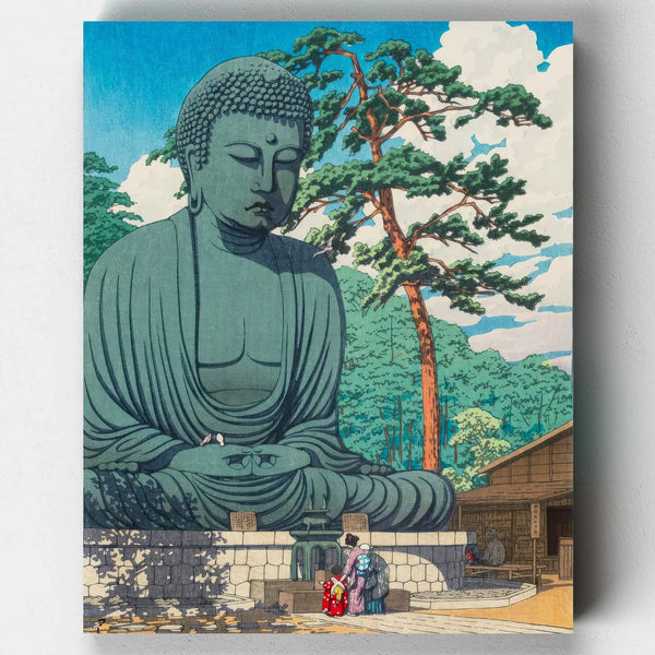 Large green Buddha statue in Kamakura surrounded by temple buildings, pine trees, and sky, in a peaceful Japanese landscape inspired by woodblock art.