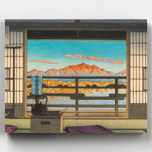Interior view of a traditional Japanese inn looking out at Mount Zao during sunrise, with tatami mat, kettle, and autumn landscape in woodblock style.