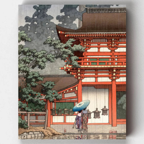 Traditional Japanese shrine with red columns and green roof surrounded by trees, with two kimono-clad women and soft mist, in classic woodblock style.