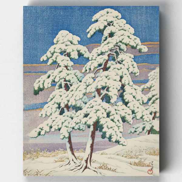 Snow-covered pine tree with curved branches against a bright blue sky, in a calm winter landscape inspired by Japanese woodblock art.