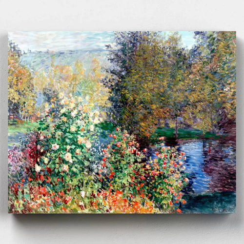 Colorful Impressionist garden with wildflowers, tall trees, and reflective pond, in a vibrant outdoor landscape based on Claude Monet’s painting.