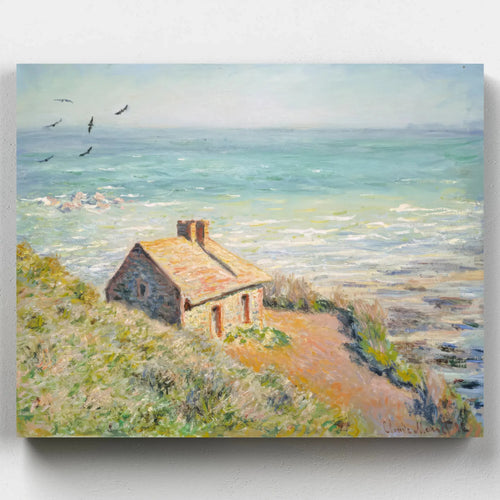 Impressionist painting of a stone customs house overlooking the sea on a sunny morning, with green cliffs and waves, based on a work by Claude Monet.