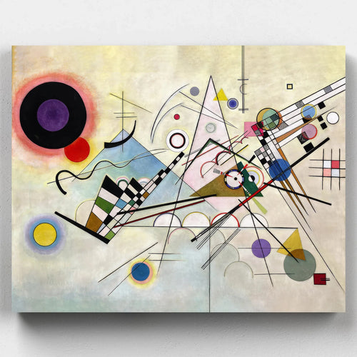 Colorful abstract composition of geometric shapes, circles, and lines on a pale background. Kandinsky’s modernist painting Composition 8.