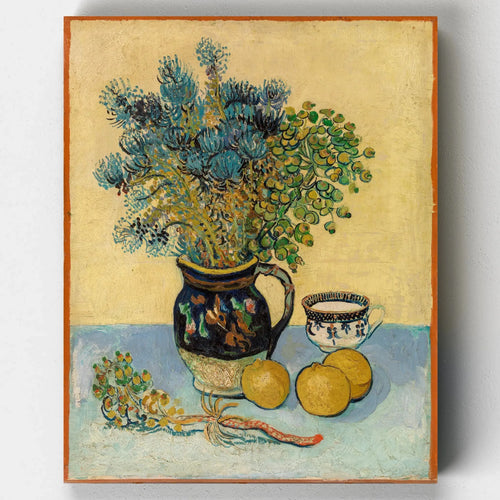 Still life with ceramic pot, lemons, blue-green foliage, and yellow table, in expressive brushstrokes based on Vincent van Gogh’s Nature Morte painting.