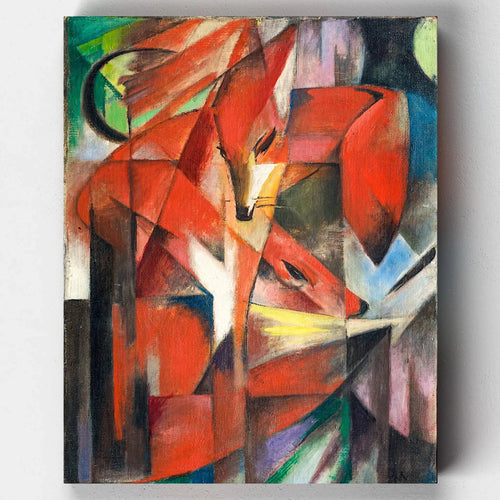 Abstract composition of two red foxes with fragmented geometric shapes, in an expressive style based on Franz Marc’s Expressionist painting The Foxes.