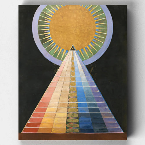 Abstract geometric painting with a radiating golden circle and rainbow-colored triangle, from Hilma af Klint’s Altarpiece No. 1 (1915).