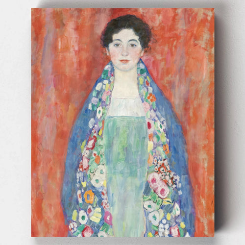 Stylized portrait of a woman with a floral shawl against a bold red background, based on Gustav Klimt’s Portrait of Fräulein Lieser.
