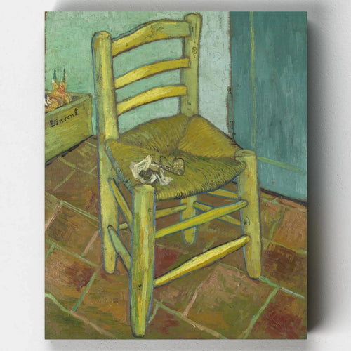 Yellow wooden chair with woven seat on a tiled floor, painted in thick brushstrokes. Van Gogh’s still life painting from 1888.