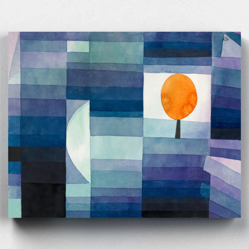 Geometric abstract painting with cool blue rectangles and a glowing orange tree symbol, based on Paul Klee’s Harbinger of Autumn (1922).