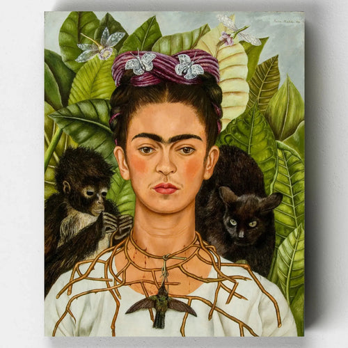 Frida Kahlo’s Self-Portrait with Thorn Necklace and Hummingbird featuring vibrant green leaves, a monkey, a black cat, and a lifeless hummingbird.
