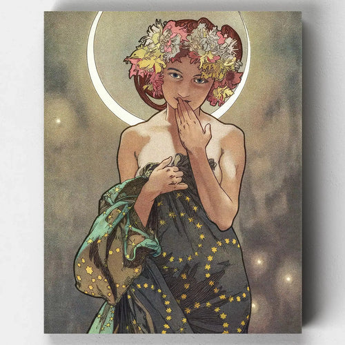 Art Nouveau paint by numbers kit – Alphonse Mucha’s The Moon detail from The Moon and the Stars series, featuring a woman with flowers and a halo.
