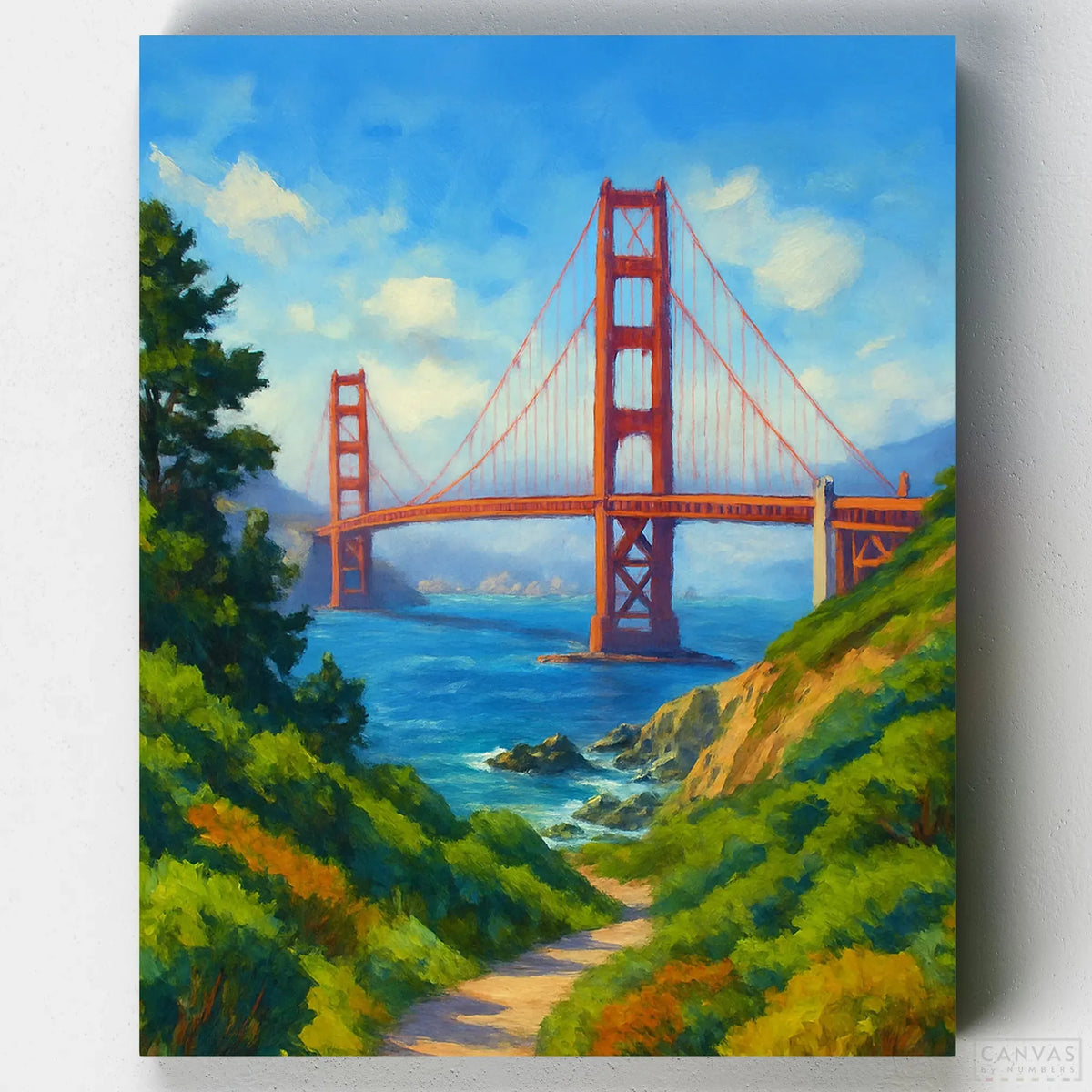 Painting of the San Francisco Golden Gate Bridge with green trees and blue sky