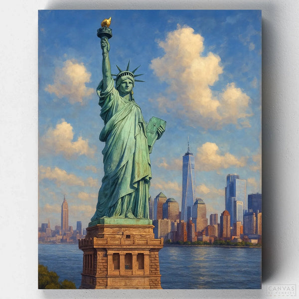 Painting of the Statue of Liberty with a city skyline in the background