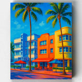 Colorful paint by numbers kit of a hotel with palm trees against a blue sky
