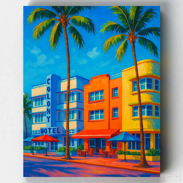 Colorful paint by numbers kit of a hotel with palm trees against a blue sky
