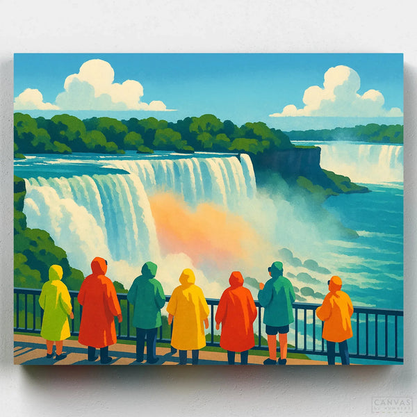 Paint by numbers kit featuring Niagara Falls with colorful visitors in raincoats admiring the cascading waterfalls and lush green surroundings.