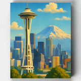 Paint by numbers kit of the Seattle Space Needle with Mount Rainier in the background.