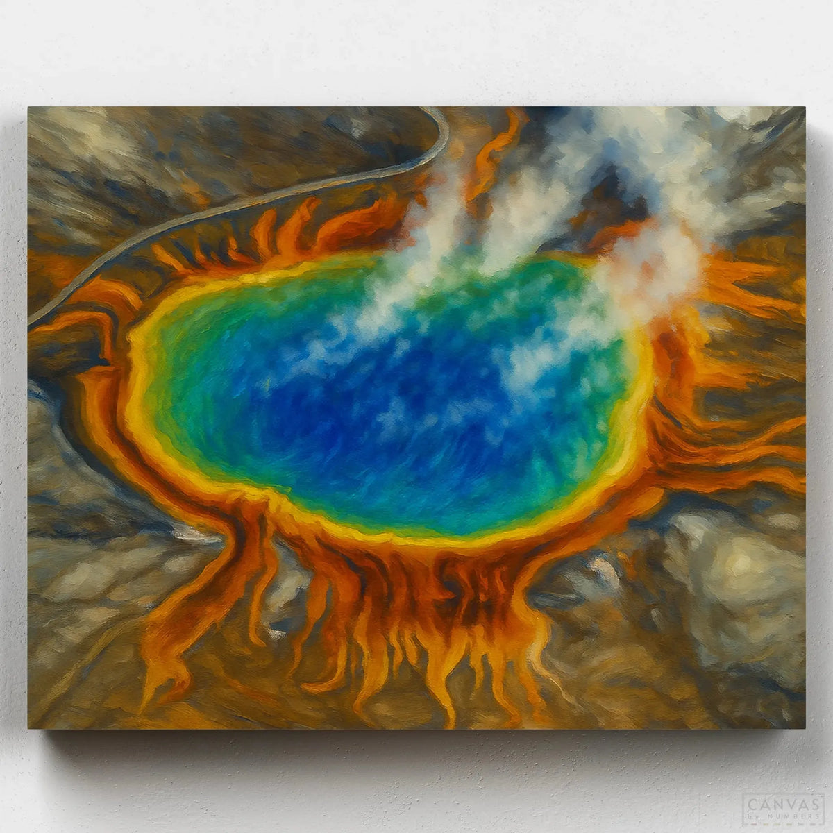 Paint by numbers kit of Yellowstone's Grand Prismatic Spring featuring vivid blue, green, and orange mineral rings with steam rising, inspired by the iconic national park landmark.