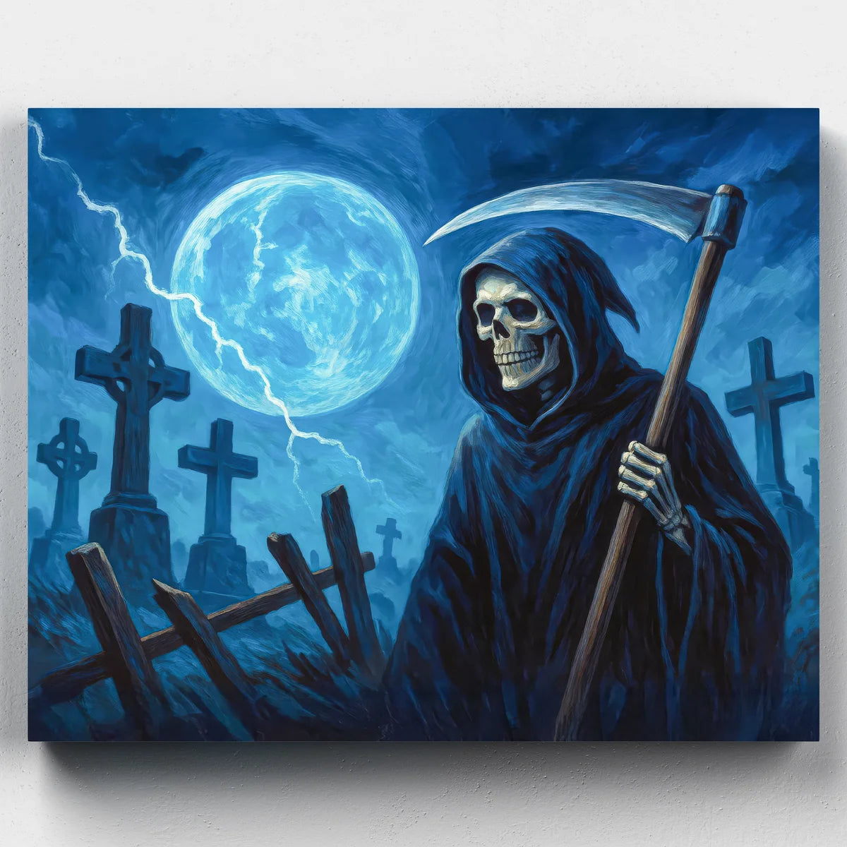 Grim Reaper in a cemetery with a blue moon and lightning.