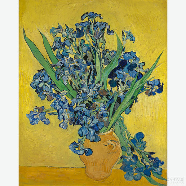 Les Iris - Diamond Painting-Recreate Les Iris with our Van Gogh diamond painting kit. This vibrant floral artwork, set against a yellow background, captures the beauty in sparkling detail.-Canvas by Numbers