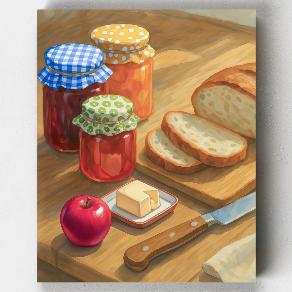 Painting of a kitchen scene with bread, apples, and utensils on a wooden surface.