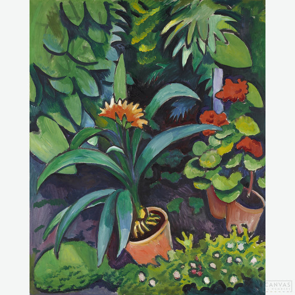 Flowers in the Garden, Clivia and Pelargonien - Diamond Painting - vibrant blooms and lush greenery - Flowers in the Garden, Clivia, and Pelargonien Diamond Painting kit, inspired by August Macke's masterpiece "Blumen im Garten, Clivia und Pelargonien - Canvas by Numbers