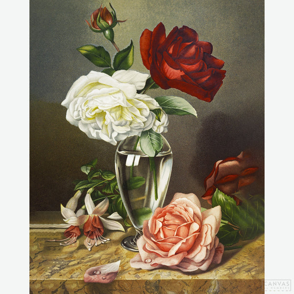 Roses in a Glass Vase - Diamond Painting-Create a shimmering masterpiece with the "Roses in a Glass Vase" diamond painting kit. Capture the romance of red and white roses with dazzling diamonds.-Canvas by Numbers