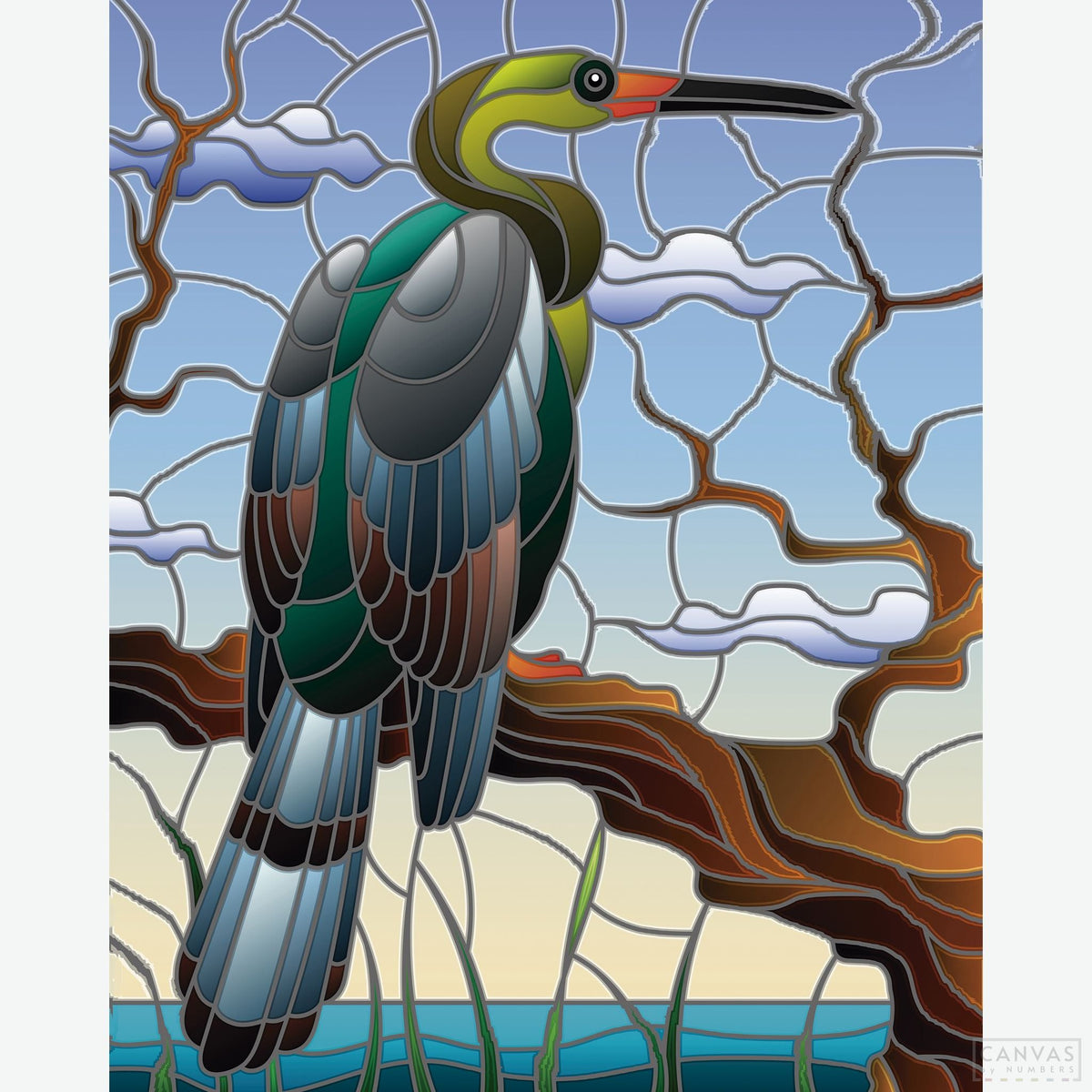 Grey Heron - Diamond Painting-Recreate Zagorii’s "Grey Heron" with this diamond painting kit. Blend traditional beauty with stained glass-inspired mosaic brilliance.-Canvas by Numbers