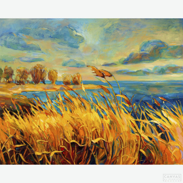 Golden Fields - Diamond Painting-Recreate Boyan Dimitrov's 'Golden Fields' with our diamond painting kit. Capture the serene beauty of endless wheat fields under a sunny sky, perfect for art lovers.-Canvas by Numbers